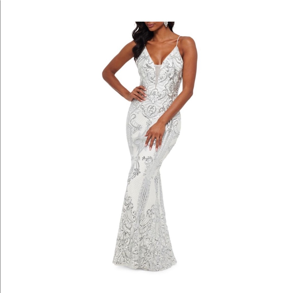 White and silver sequin Betsy & Adam prom dress
